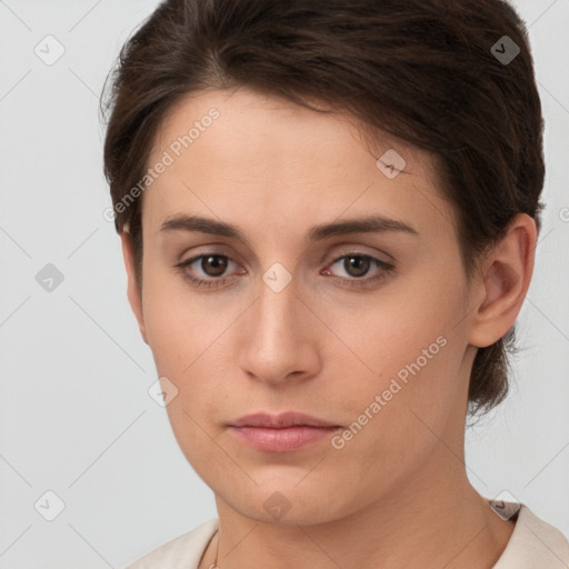 Neutral white young-adult female with short  brown hair and brown eyes