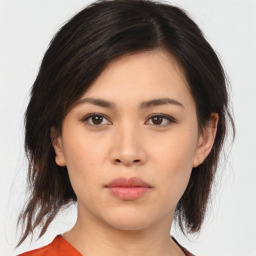 Neutral asian young-adult female with medium  brown hair and brown eyes