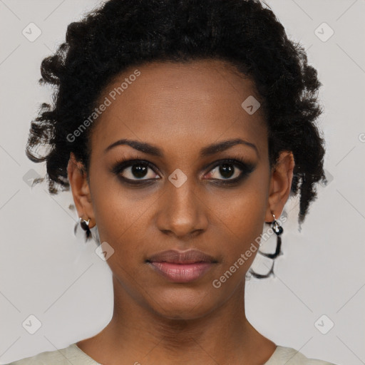 Neutral black young-adult female with short  black hair and brown eyes