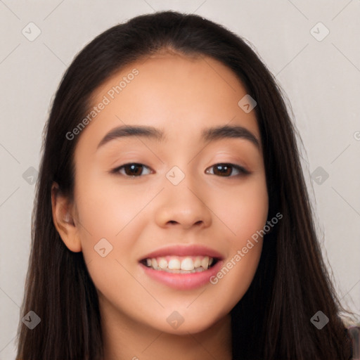 Joyful asian young-adult female with long  brown hair and brown eyes