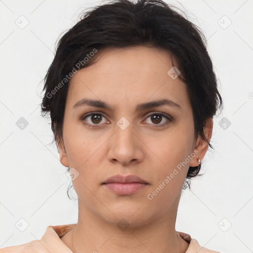 Neutral white young-adult female with medium  brown hair and brown eyes