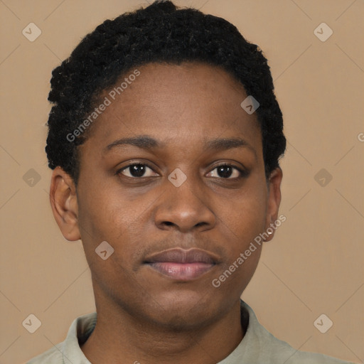 Neutral black young-adult female with short  black hair and brown eyes