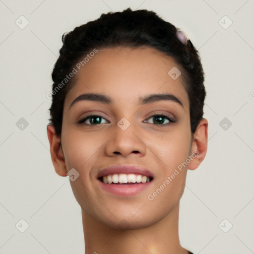 Joyful white young-adult female with short  black hair and brown eyes