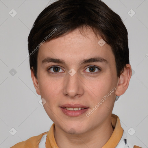 Joyful white young-adult female with short  brown hair and brown eyes