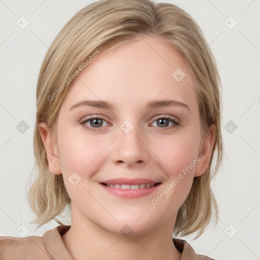 Joyful white young-adult female with medium  brown hair and blue eyes