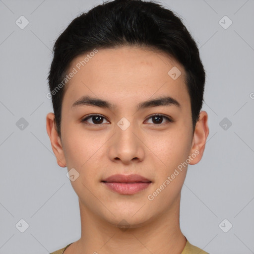 Joyful asian young-adult male with short  brown hair and brown eyes