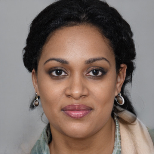 Joyful latino young-adult female with medium  black hair and brown eyes