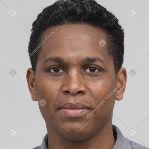 Neutral black young-adult male with short  black hair and brown eyes
