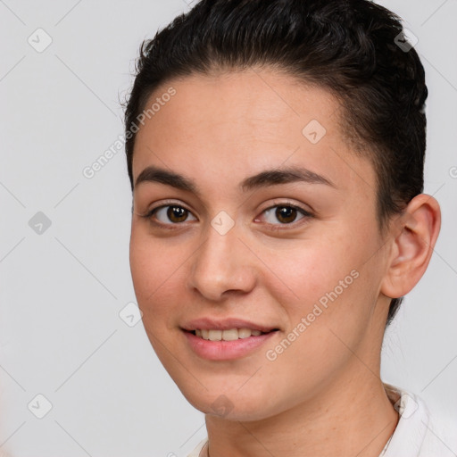 Joyful white young-adult female with short  brown hair and brown eyes