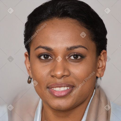 Joyful latino young-adult female with short  brown hair and brown eyes