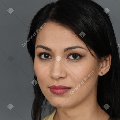 Joyful latino young-adult female with long  brown hair and brown eyes