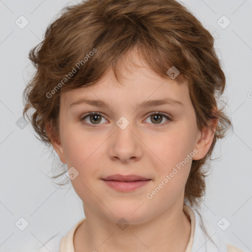 Joyful white child female with medium  brown hair and brown eyes