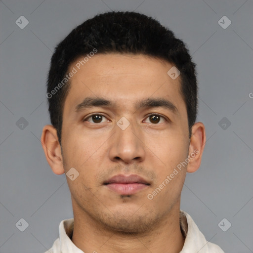 Neutral latino young-adult male with short  black hair and brown eyes