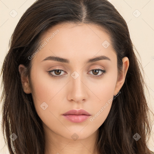 Neutral white young-adult female with long  brown hair and brown eyes