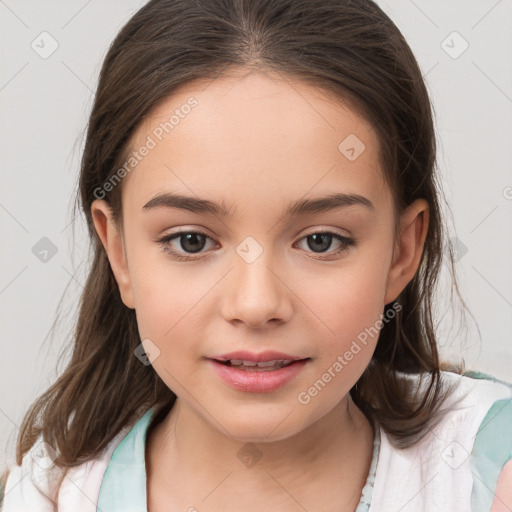 Joyful white child female with medium  brown hair and brown eyes