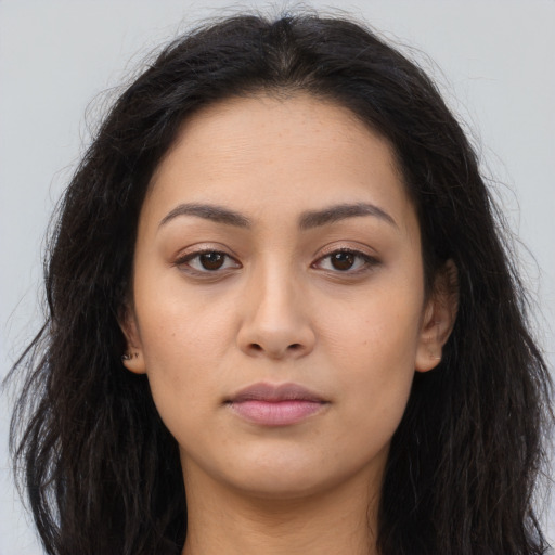 Neutral asian young-adult female with long  brown hair and brown eyes