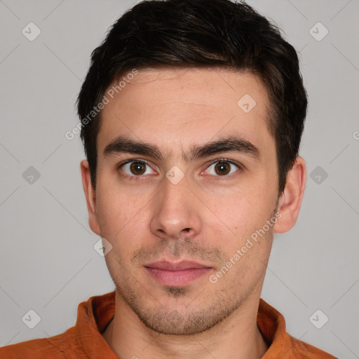 Neutral white young-adult male with short  brown hair and brown eyes