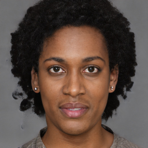 Neutral black young-adult female with short  black hair and brown eyes