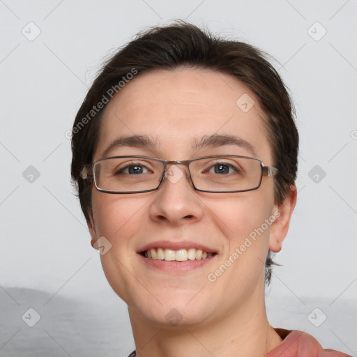 Joyful white young-adult female with short  brown hair and brown eyes