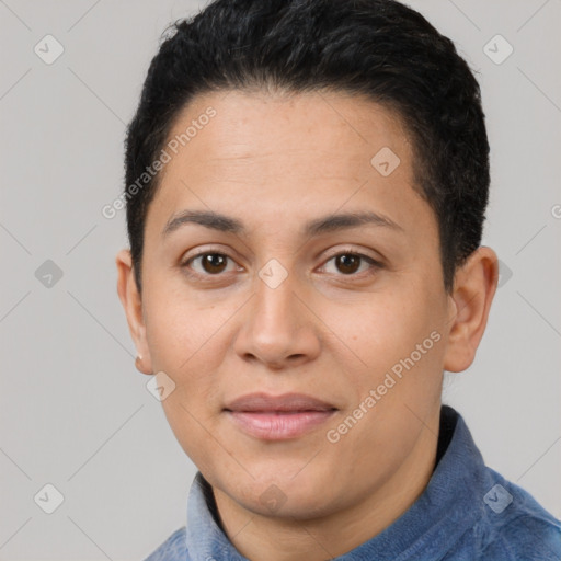 Joyful white young-adult female with short  brown hair and brown eyes