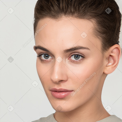 Neutral white young-adult female with short  brown hair and brown eyes