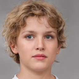 Neutral white child female with medium  brown hair and grey eyes