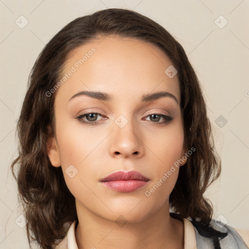 Neutral white young-adult female with medium  brown hair and brown eyes