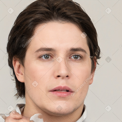 Neutral white young-adult male with short  brown hair and grey eyes