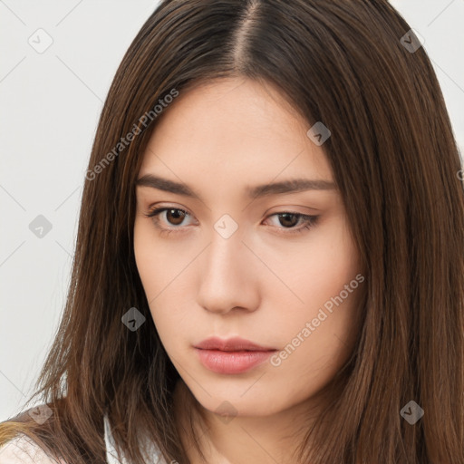 Neutral white young-adult female with long  brown hair and brown eyes