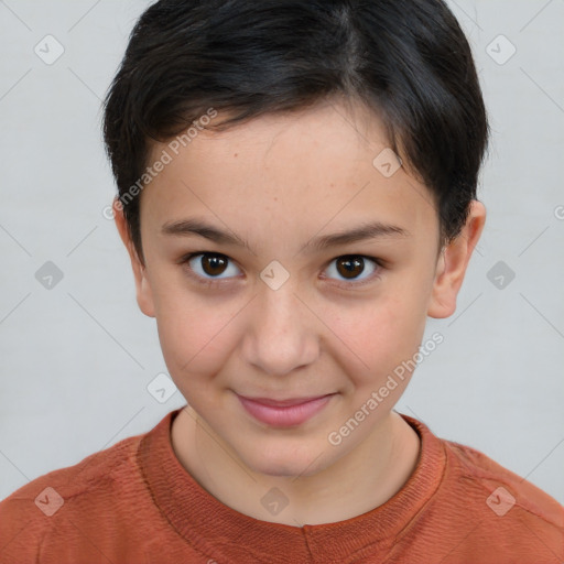 Joyful white child female with short  brown hair and brown eyes