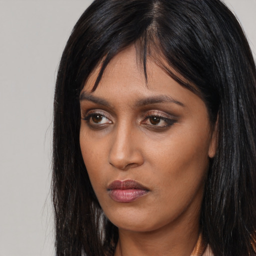 Neutral asian young-adult female with long  black hair and brown eyes