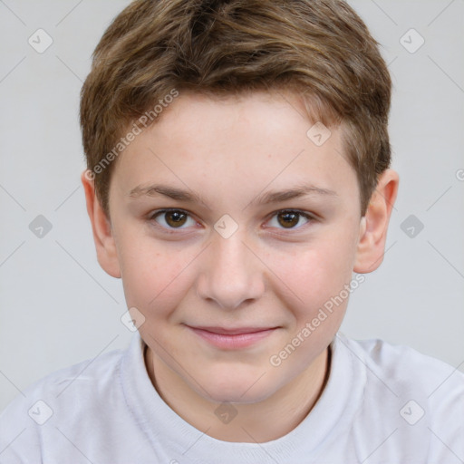 Joyful white child male with short  brown hair and brown eyes