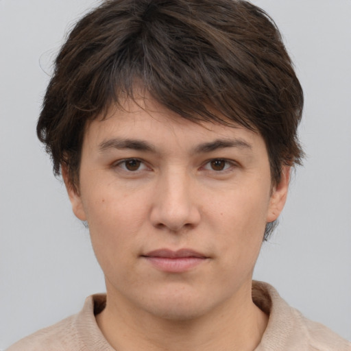 Neutral white young-adult female with short  brown hair and brown eyes