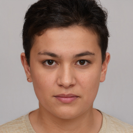 Neutral white young-adult female with short  brown hair and brown eyes