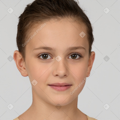 Joyful white child female with short  brown hair and brown eyes