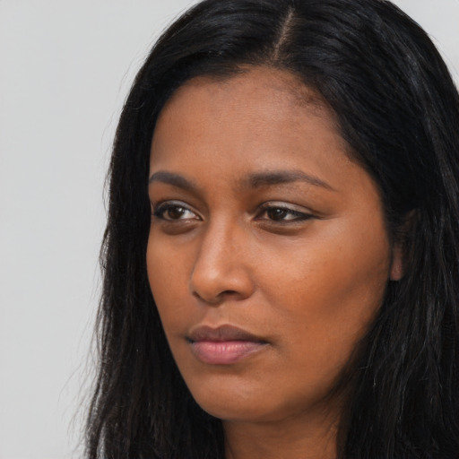 Neutral asian young-adult female with long  black hair and brown eyes