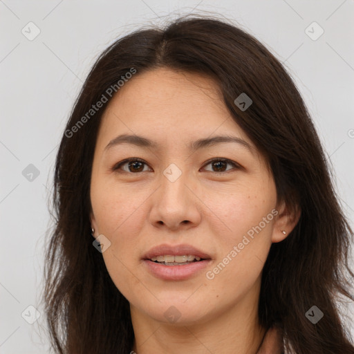 Joyful white young-adult female with long  brown hair and brown eyes