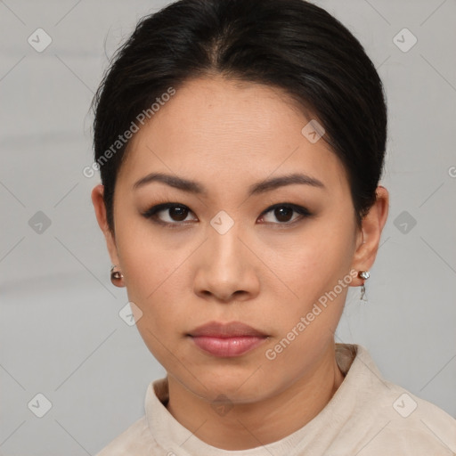 Neutral asian young-adult female with short  brown hair and brown eyes