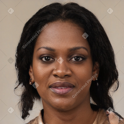 Joyful black young-adult female with medium  black hair and brown eyes