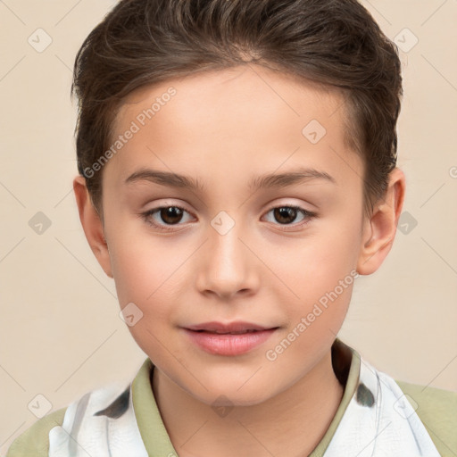 Joyful white child female with short  brown hair and brown eyes