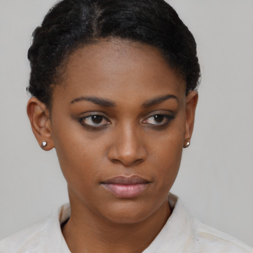 Neutral black young-adult female with short  brown hair and brown eyes