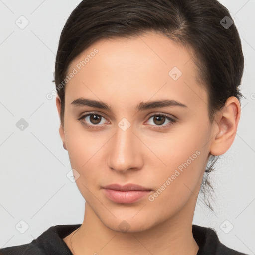 Neutral white young-adult female with short  brown hair and brown eyes