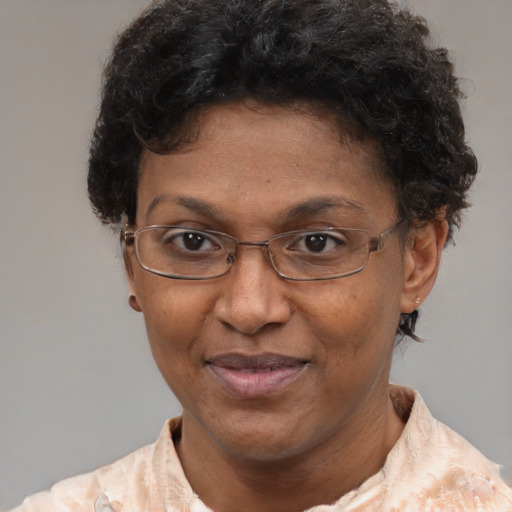 Joyful black adult female with short  brown hair and brown eyes