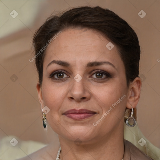 Joyful white adult female with short  brown hair and brown eyes