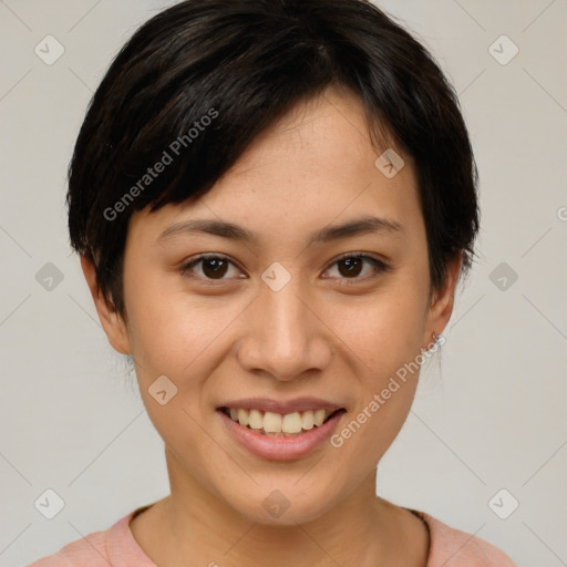 Joyful white young-adult female with short  brown hair and brown eyes