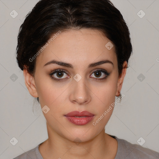 Neutral white young-adult female with short  brown hair and brown eyes