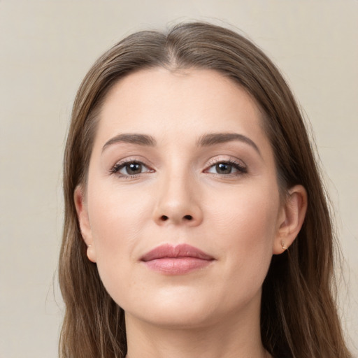 Neutral white young-adult female with long  brown hair and grey eyes