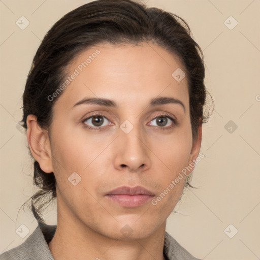 Neutral white young-adult female with medium  brown hair and brown eyes