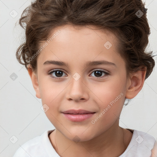 Joyful white child female with short  brown hair and brown eyes