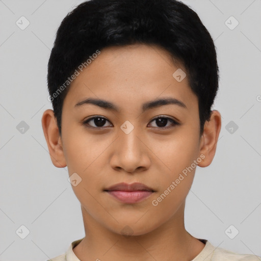 Neutral asian young-adult female with short  black hair and brown eyes